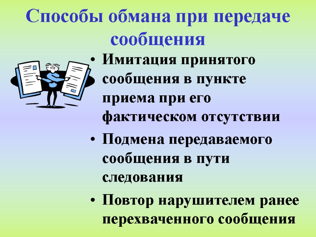 Способы обмана при передаче сообщения Имитация принятого сообщения в пункте приема при его фактическом